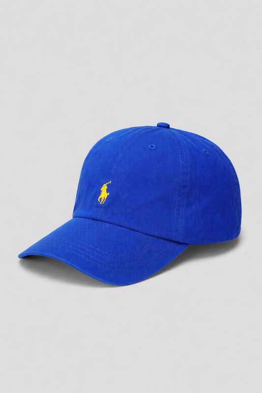 Blue cap with a yellow logo on a light gray background